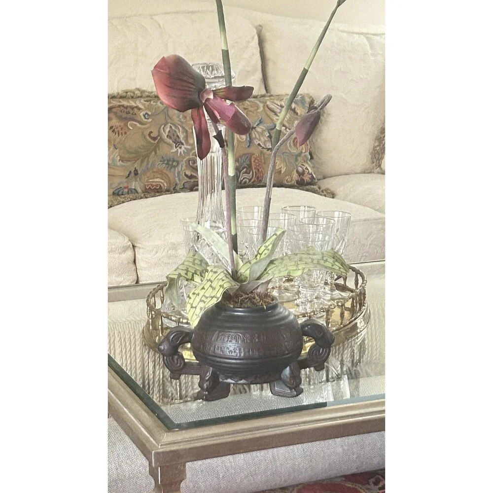 Pair Of Faux Burgundy Orchids in Chinese Resin Footed Bowl 21